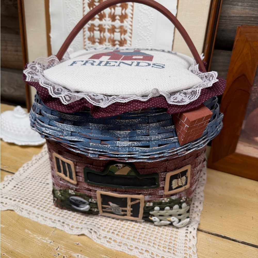 Handcrafted Cottage Basket with 'Friends' Cross-Stitch Lid - Multicolor